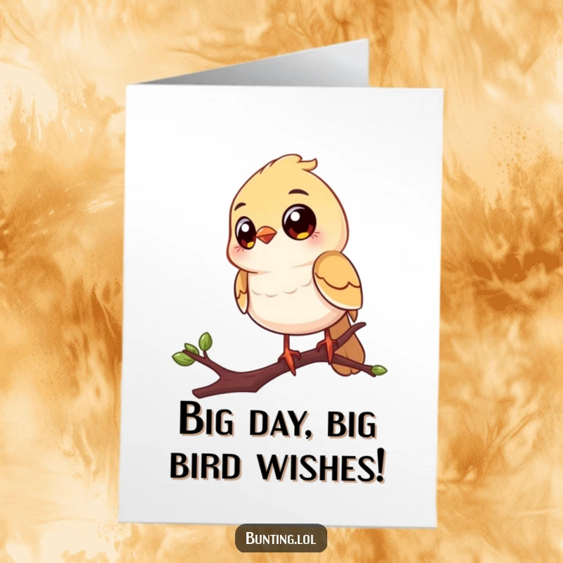 Funny Free Printable Birthday Card: Cheerful bird with big eyes perched on a twig, looking curious, a great downloadable gift.