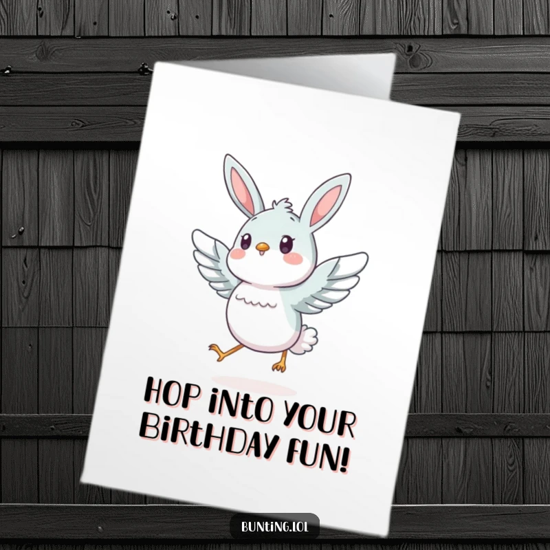 Funny Free Printable Birthday Card: Energetic bunting character hops joyfully with its wings slightly spread.