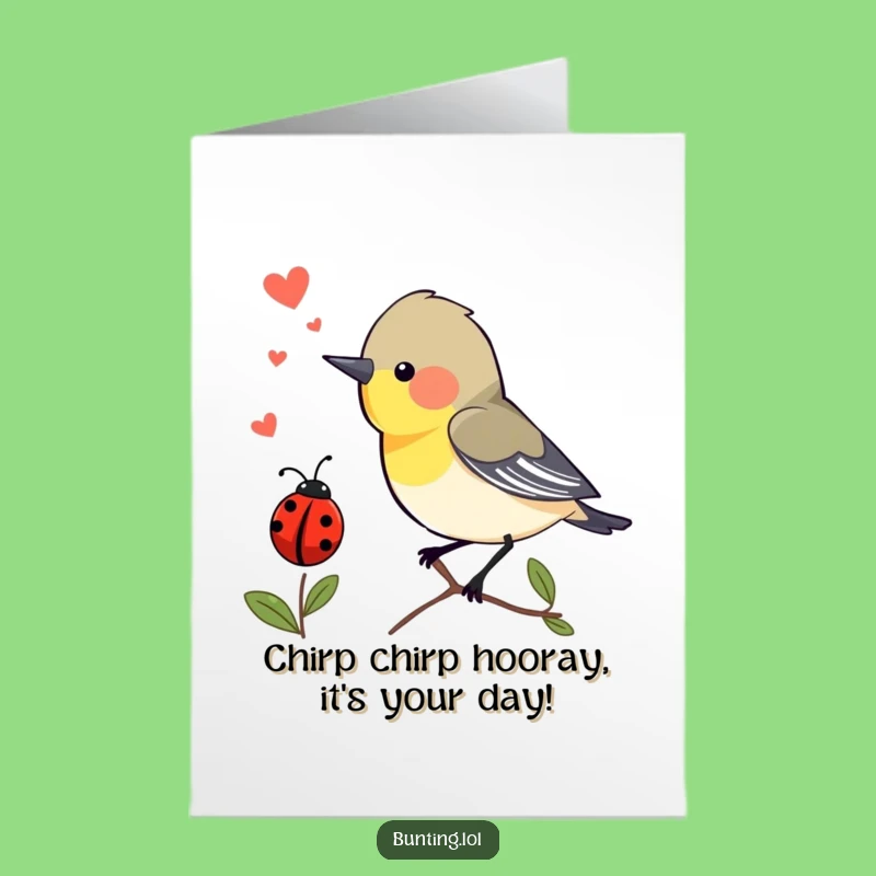 Free Printable Birthday Card: Excited Bunting Bird & Ladybug - Funny