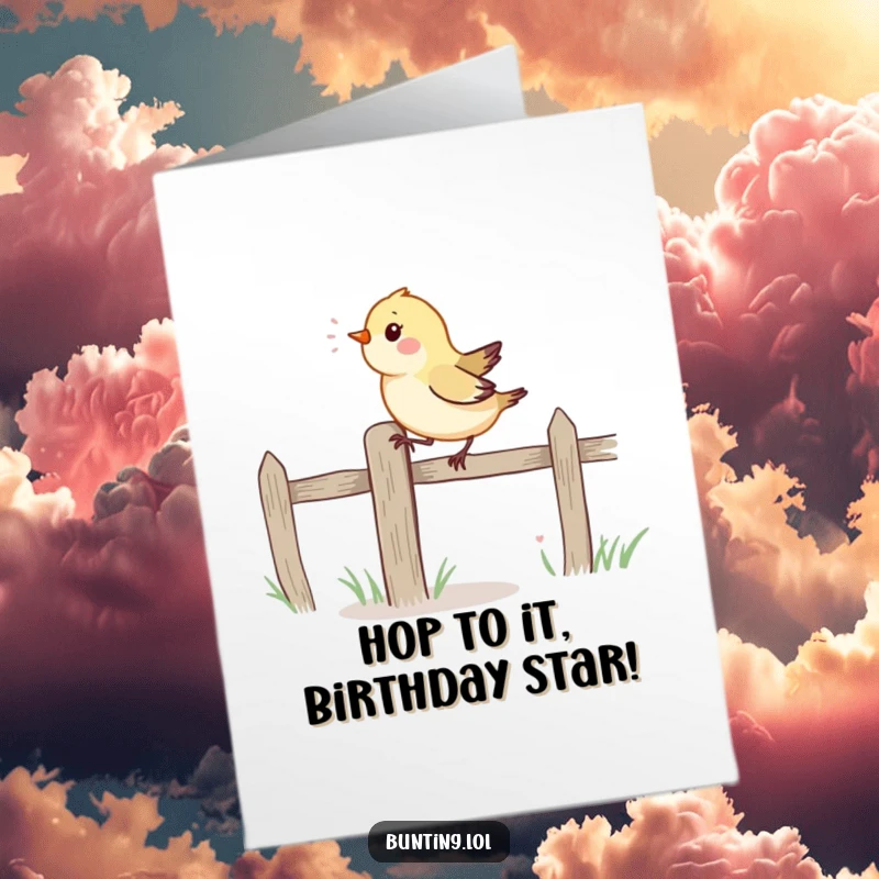 Funny Free Printable Birthday Card of a vibrant bird energetically hopping along a fence post, spreading joy.