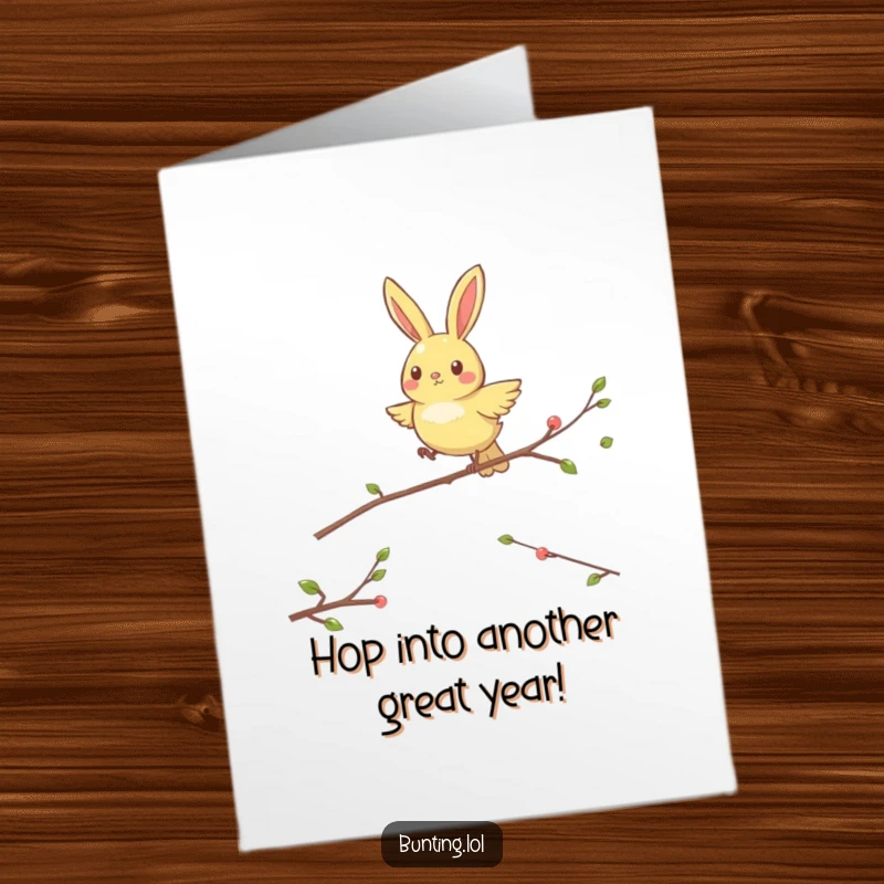 Funny Free Printable Birthday Card depicting a bunting character happily hopping from perch to perch, full of celebratory spirit.