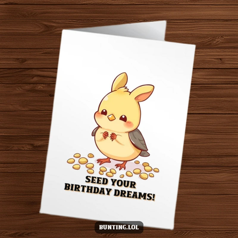 Funny Free Printable Birthday Card showing a small bunting character playfully pecking at seeds, full of zest.