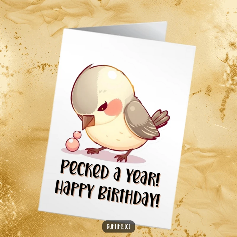 Funny Free Printable Birthday Card: Curious bird pecking at a shiny bead, focused and determined, a cute downloadable gift.