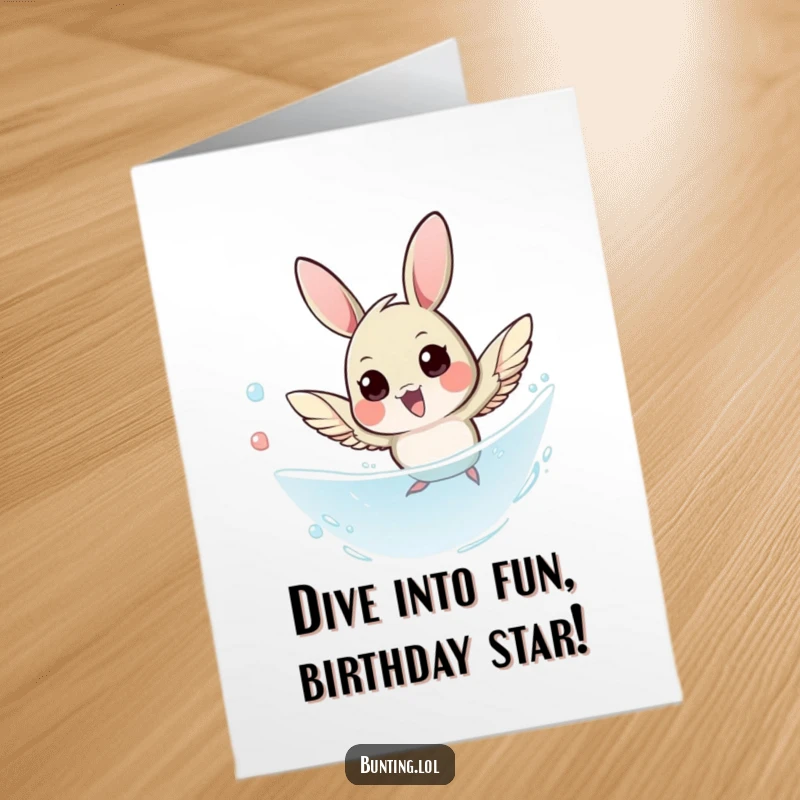Funny Free Printable Birthday Card showing a bunting bird in a swift, agile dive for a hilarious DIY greeting.