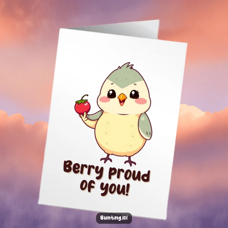 Funny Free Printable Birthday Card with a bunting character proudly holding a tiny berry. A sweet, downloadable birthday surprise.