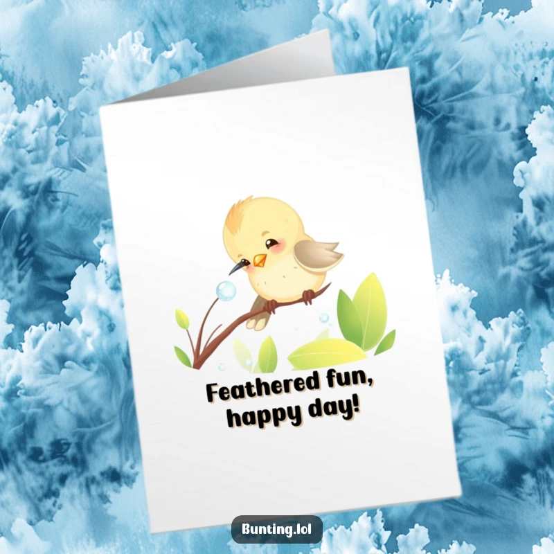 Funny Free Printable Birthday Card: A cute bunting bird playfully pecking at a sparkling dewdrop, ready to deliver laughter.