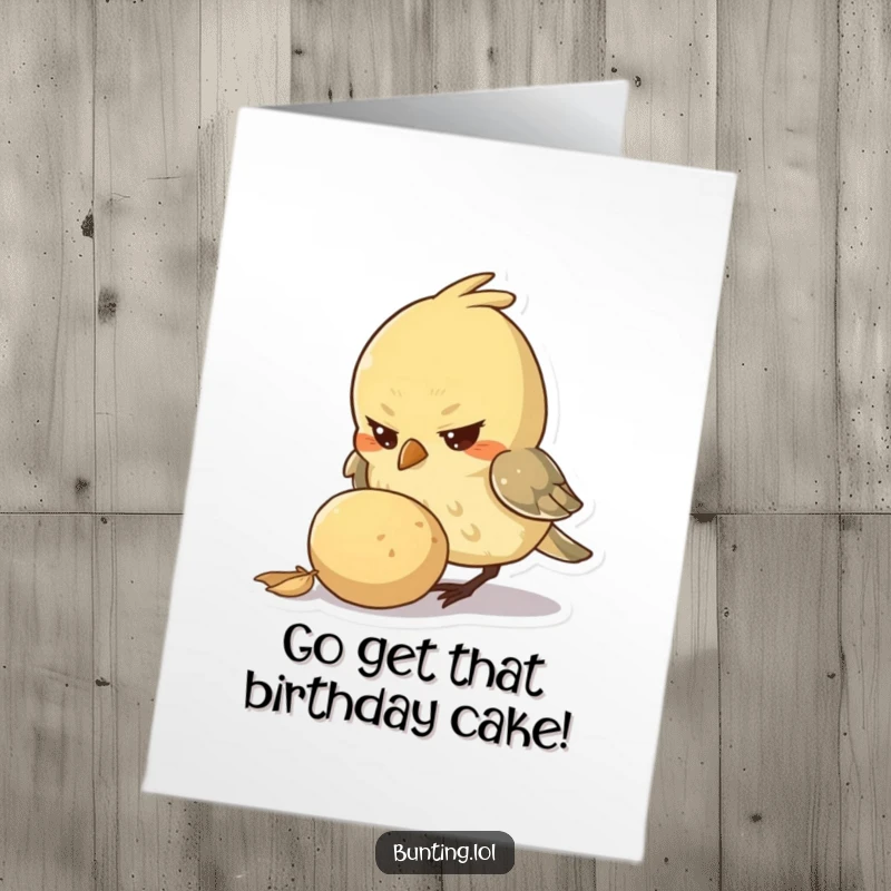 Funny Free Printable Birthday Card: A small bird with a determined look pecking at a large seed, symbolizing ambition on a birthday.