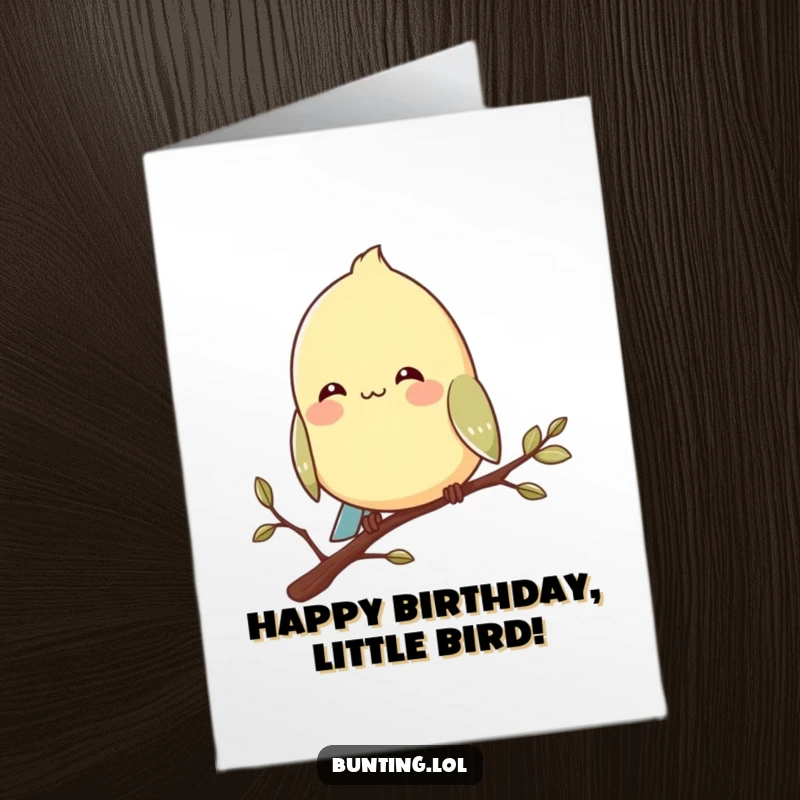 Funny Free Printable Bunting Birthday Card: Bird perched serenely on a branch with a happy, contented smile, downloadable art.