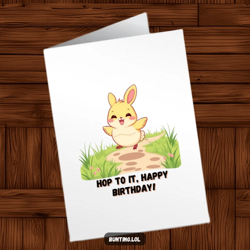 Funny Free Printable Birthday Card: A bunting bird joyfully hops along a grassy path, celebrating life and birthdays. Downloadable art.