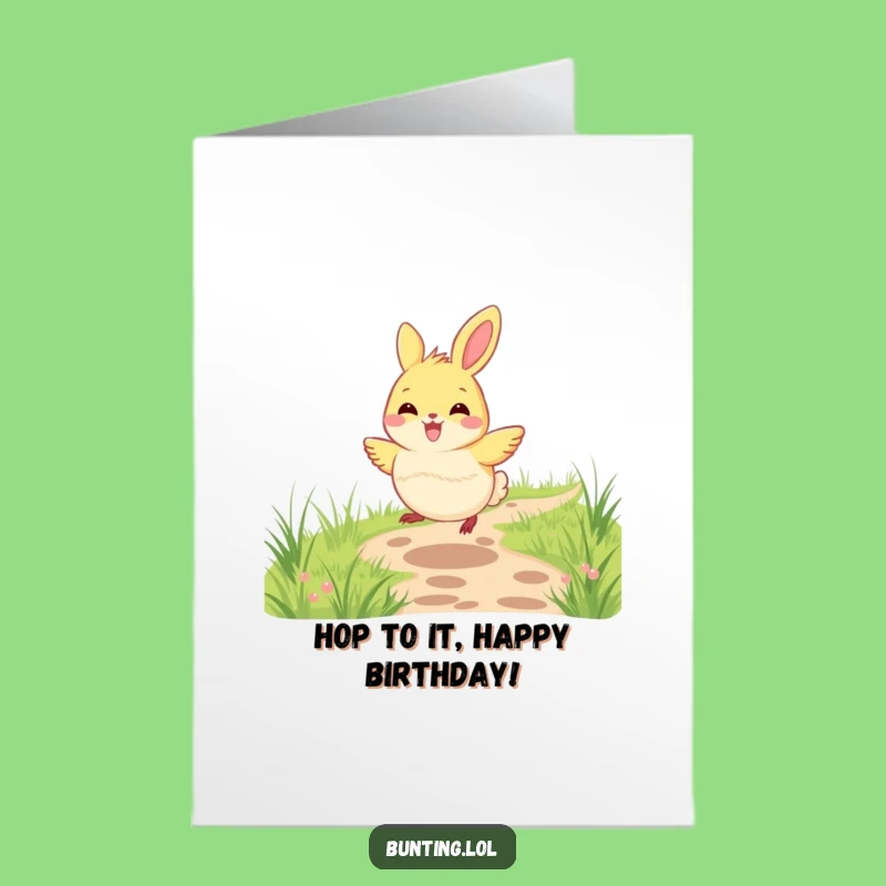 Free Printable Birthday Card: Hopping Bunting Bird, Funny Downloadable Greeting for Energetic Celebrations