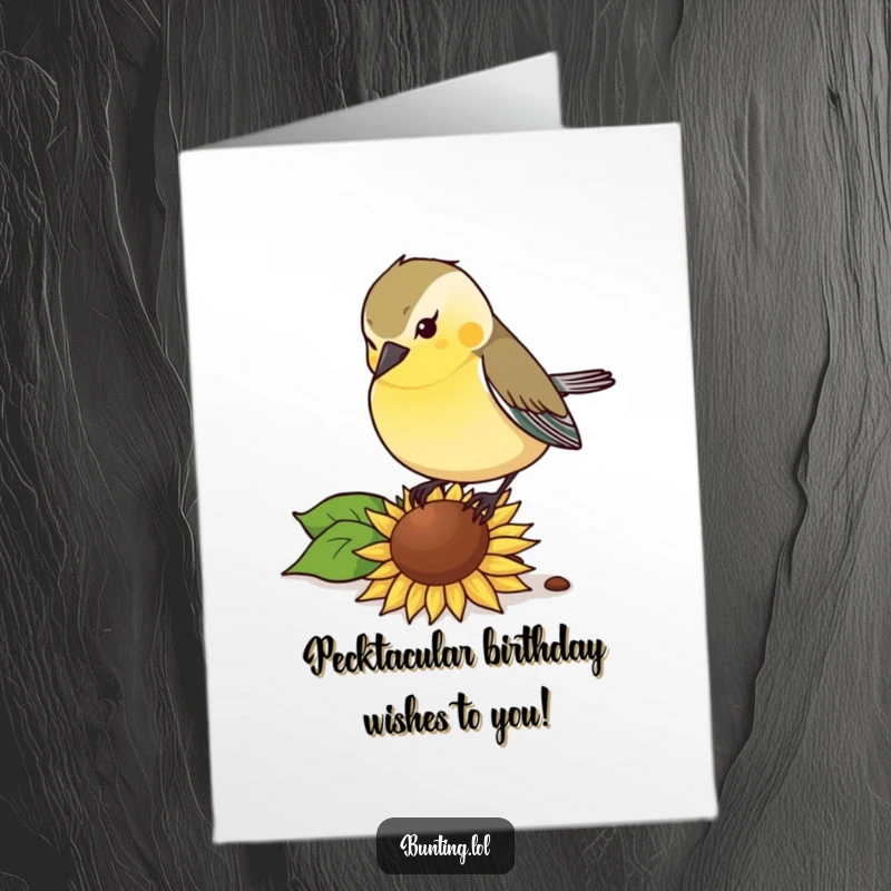 Funny Free Printable Birthday Card of a bunting bird enthusiastically pecking at a fallen sunflower seed.