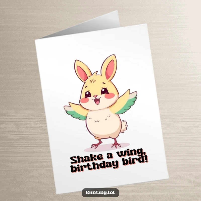 Funny Free Printable Birthday Card with a playful bunting character doing a hilarious little dance. A joyful downloadable greeting.