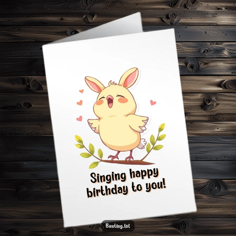Funny Free Printable Bunting Birthday Card: A cute bird joyfully singing with its beak wide open, radiating pure happiness.