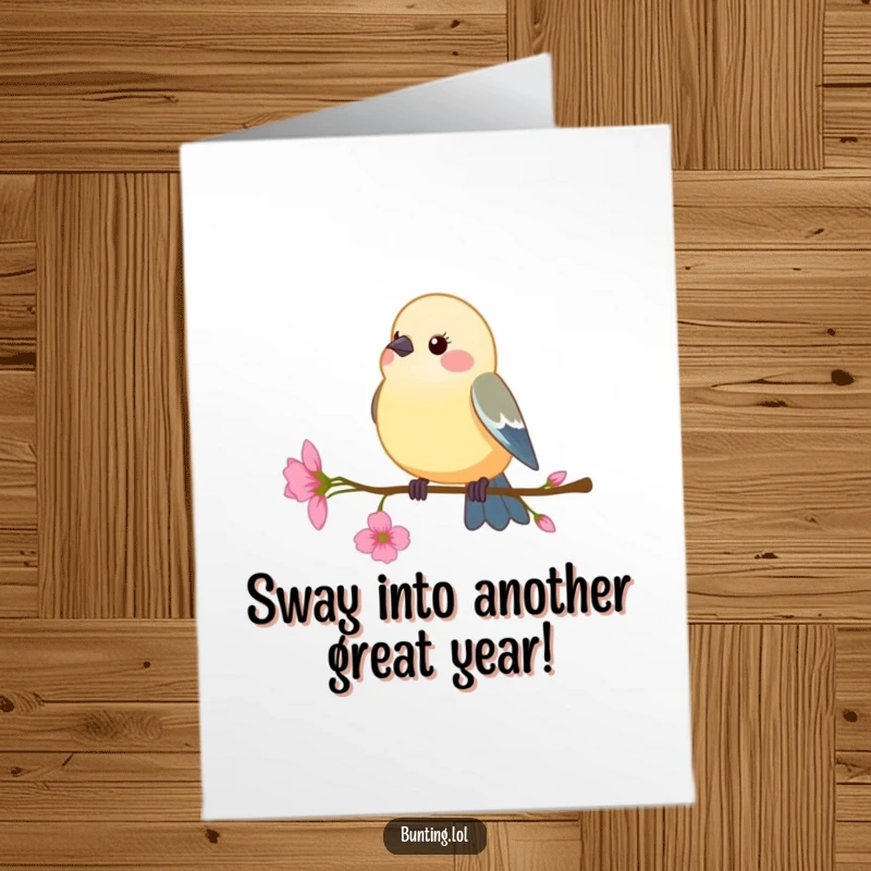 Funny Free Printable Birthday Card showing a bunting bird perched on a delicate flower stem, swaying gently.