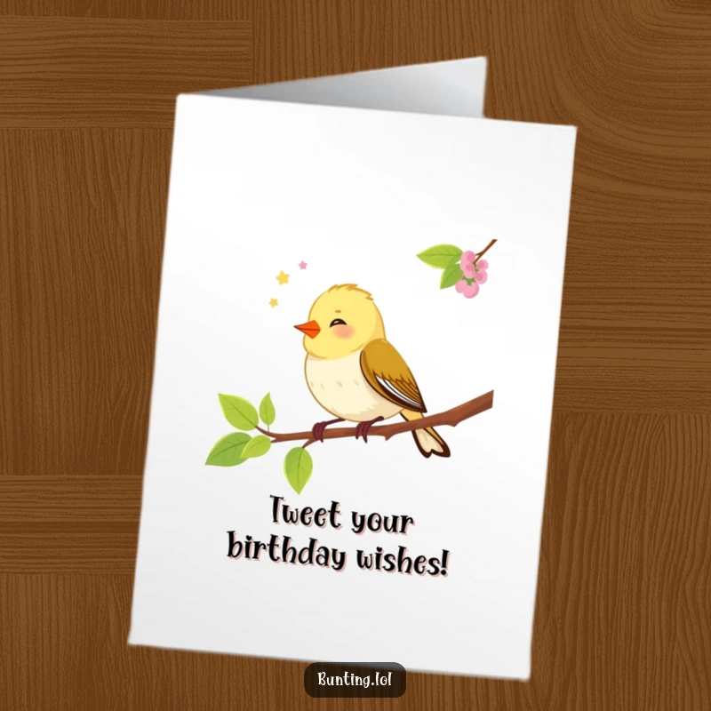 Funny Free Printable Birthday Card: A happy bunting bird chirps merrily while perched on a branch, spreading birthday cheer. Downloadable art.
