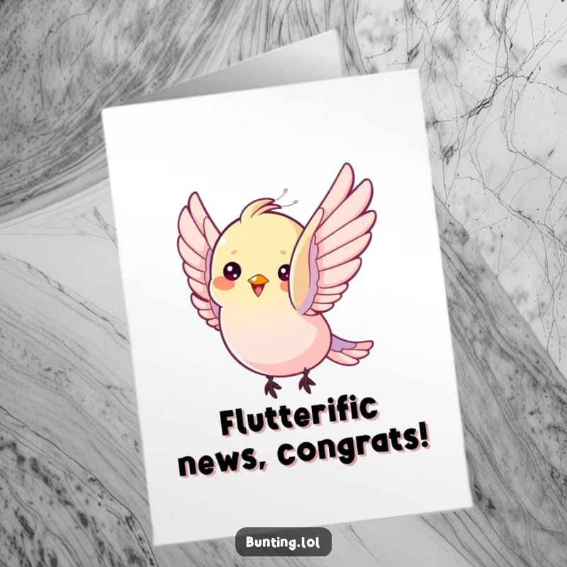 Funny Free Printable Congratulations Card of a bunting bird fluttering its wings with pure delight, celebrating success.