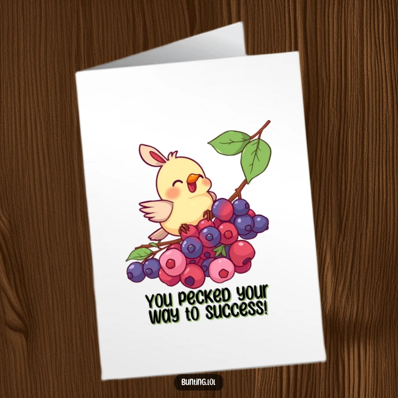 Funny Free Printable Bunting Congratulations Card: Enthusiastic bird gobbling berries, celebrating great news with vibrant colors.