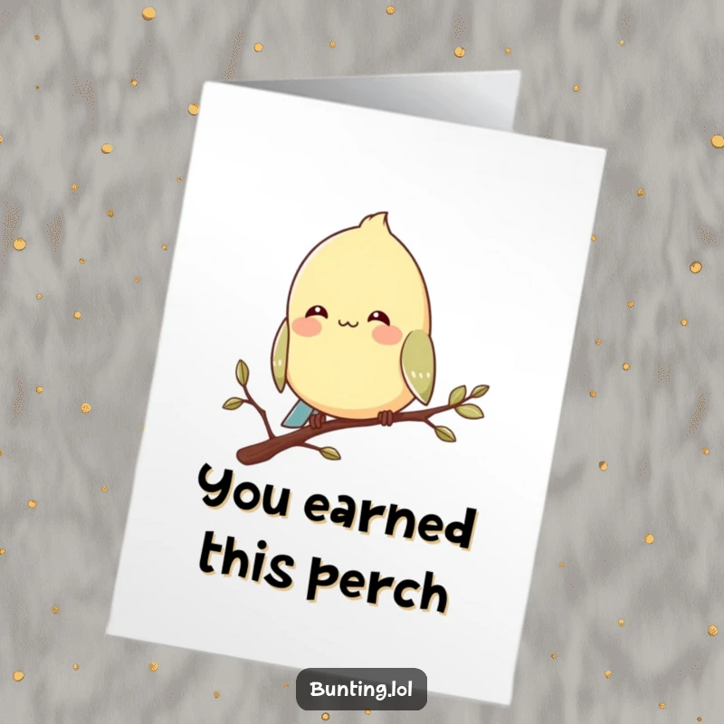 Funny Free Printable Bunting Congratulations Card: Bird smiling contentedly on a branch, a picture of peaceful success, downloadable art.