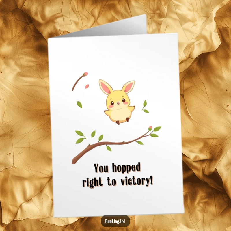 Funny Free Printable Bunting Congratulations Card: Bird mid-hop between twigs, conveying exciting news, downloadable art.
