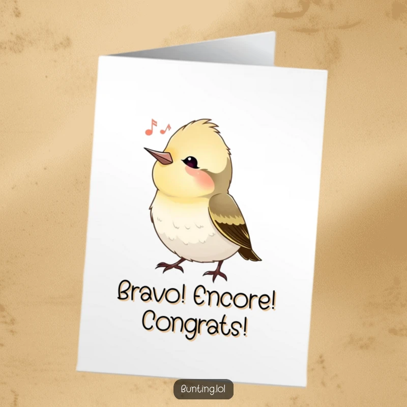 Funny free printable congratulations card showing a bunting bird tilting its head, enjoying a silent song, great for downloadable art.