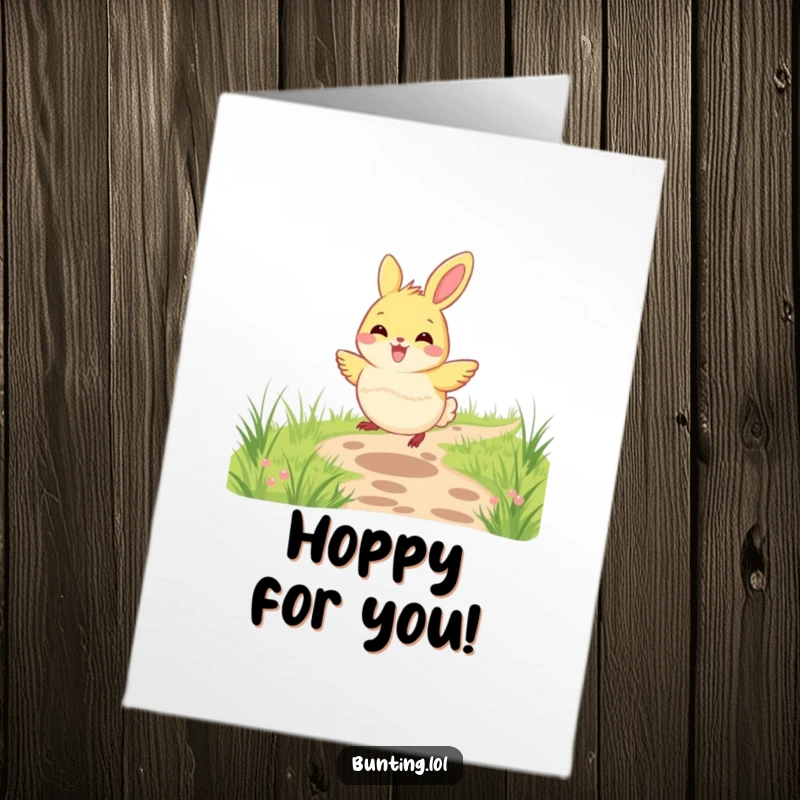 Funny Free Printable Congratulations Card: A bunting bird hops gleefully along a grassy path, celebrating forward momentum. Downloadable art.
