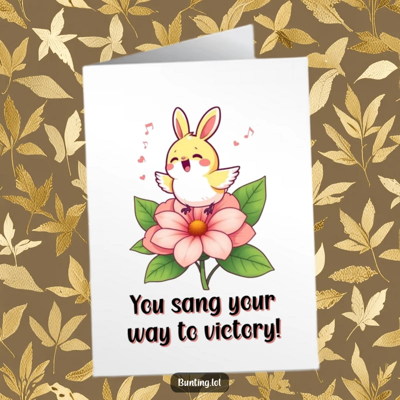 Funny Free Printable Congrats Card: Adorable bunting character sings a congratulatory song atop a vibrant bloom.