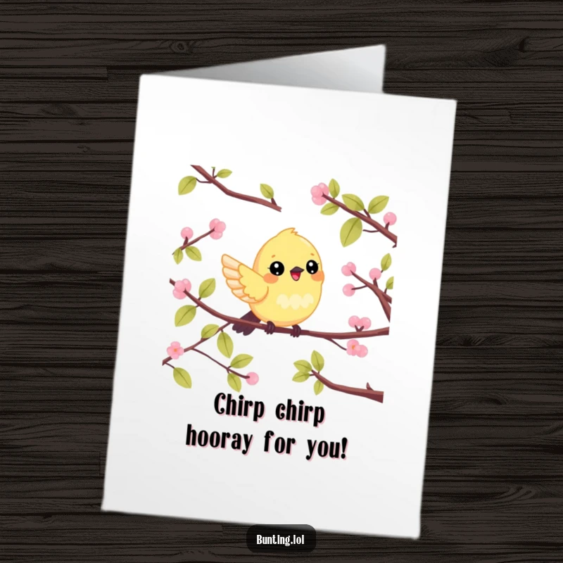 Funny Free Printable Congratulations Card: Adorable bunting character flitting cheerfully between branches, celebrating success, a wonderful downloadable greeting.