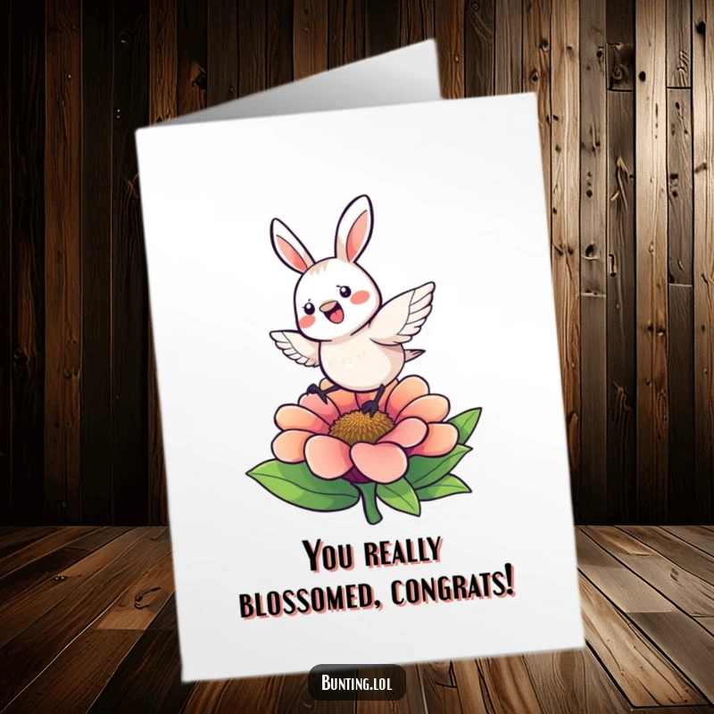Funny Free Printable Congratulations Card: Bunting character gleefully hopping high on a bright flower, celebrating achievement.