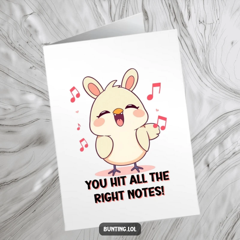 Funny Free Printable Congratulations Card: Bunting character belting out a happy tune, celebrating a wonderful success.