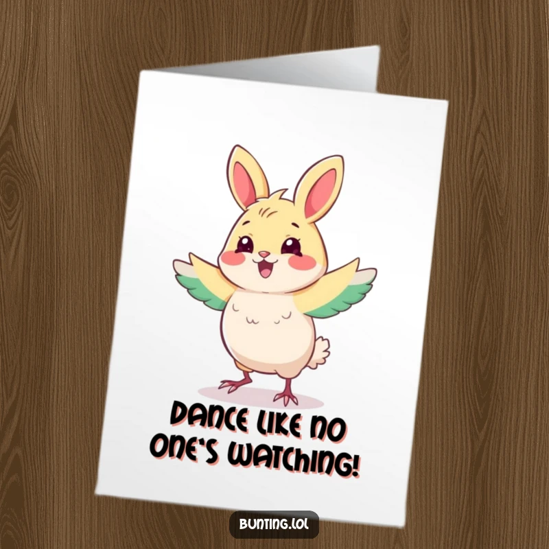 Funny Free Printable Congratulations Card with a playful bunting character doing a silly, happy dance. A fun downloadable surprise.