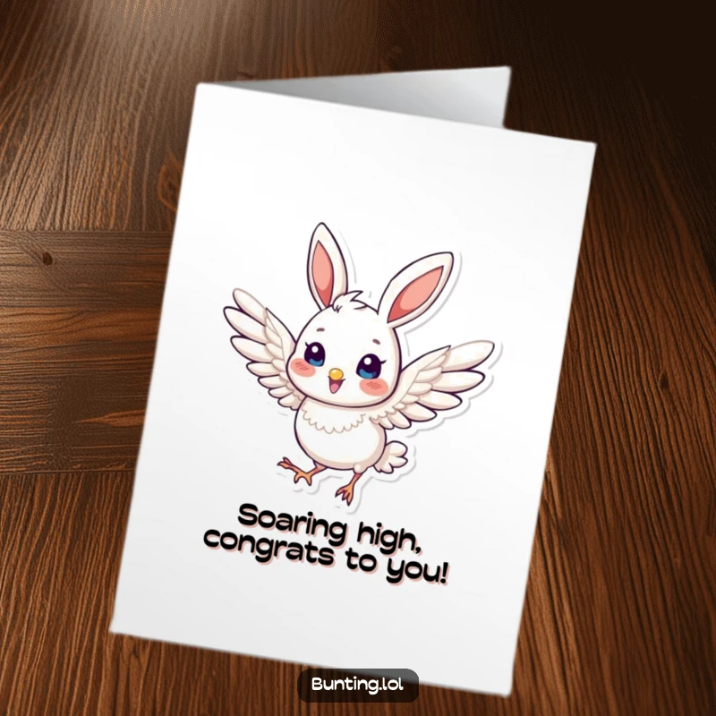 Funny Free Printable Congratulations Card: Bunting character with wings extended, in dynamic pose, celebrating triumph, an inspiring downloadable greeting.