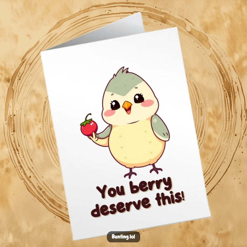 Funny Free Printable Congratulations Card with a bunting character proudly holding a tiny berry. A downloadable symbol of success.