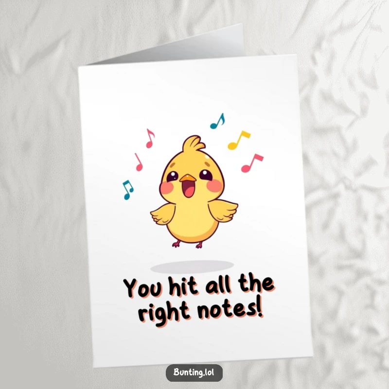 Funny Free Printable Congrats Card: A vibrant bird belting out a tune with musical notes, perfect for celebrating achievements.
