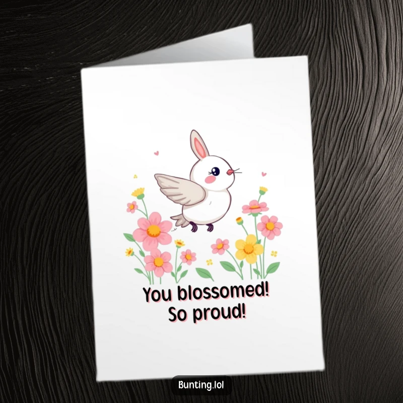 Funny Free Printable Congratulations Card: A bunting speeds through colorful flowers, celebrating your success with zest.