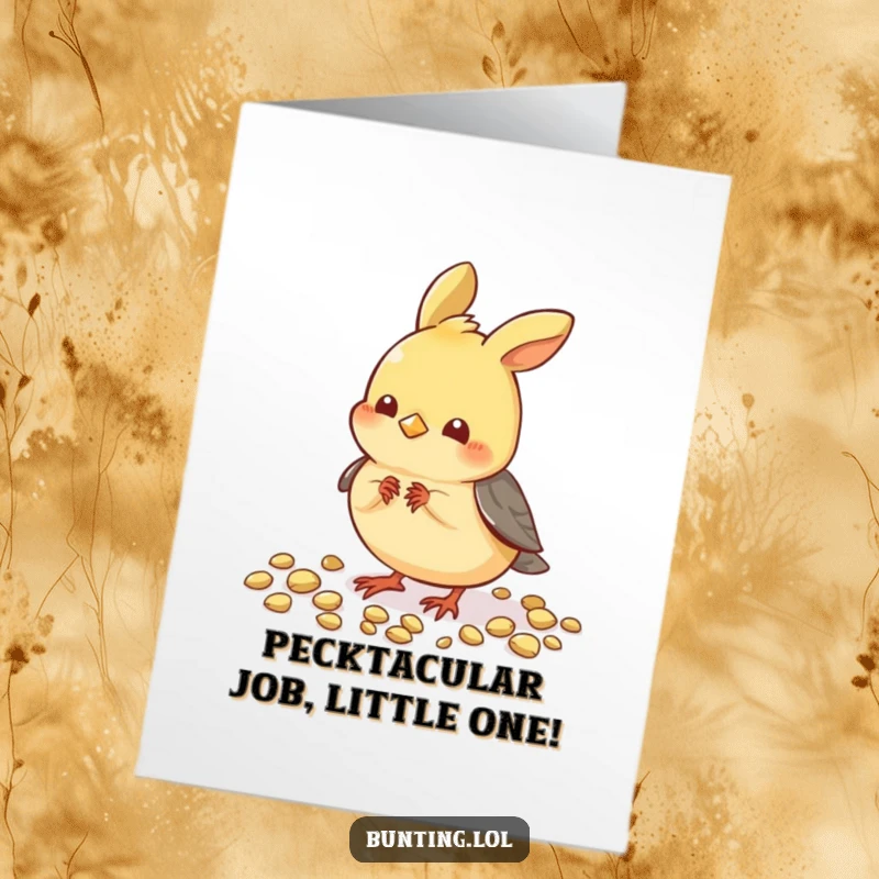 Funny Free Printable Congratulations Card featuring a small bunting character playfully pecking at seeds, enjoying a small victory.