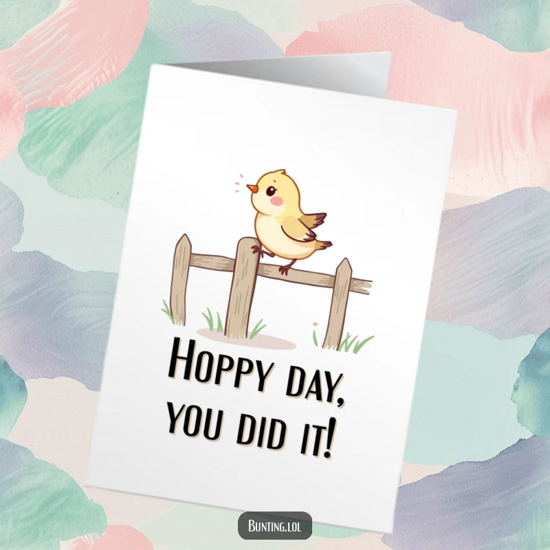 Funny Free Printable Congratulations Card showing a vibrant bird energetically hopping on a fence post, celebrating success.