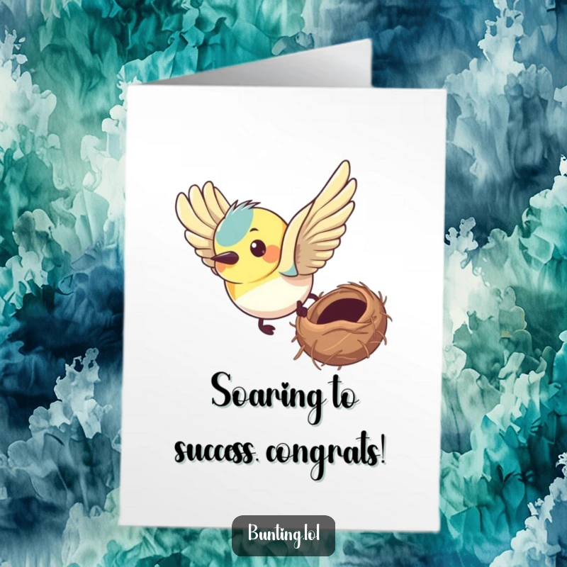 Funny Free Printable Congratulations Card showing a determined bunting flying towards its goal-oriented nest, symbolizing success.