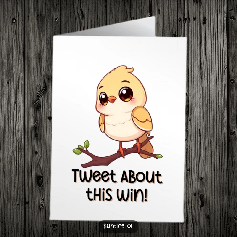 Funny Free Printable Congratulations Card: Cheerful bird with big eyes on a twig, looking around, celebrating success, a unique downloadable gift.