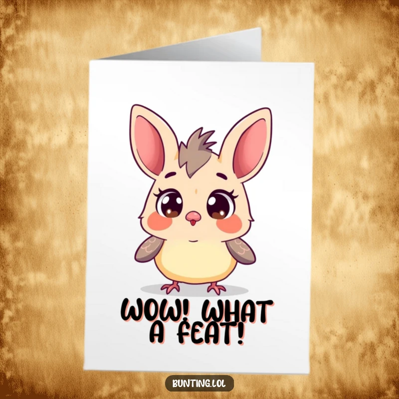 Funny Free Printable Congratulations Card showing a bunting character with wide eyes, curiously surveying its surroundings, taking it all in.