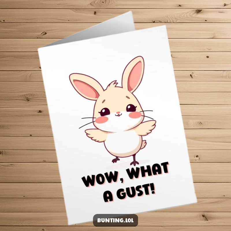 Funny Free Printable Bunting Congratulations Card: Bird’s startled expression as wind ruffles its feathers, symbolizing unexpected joy.