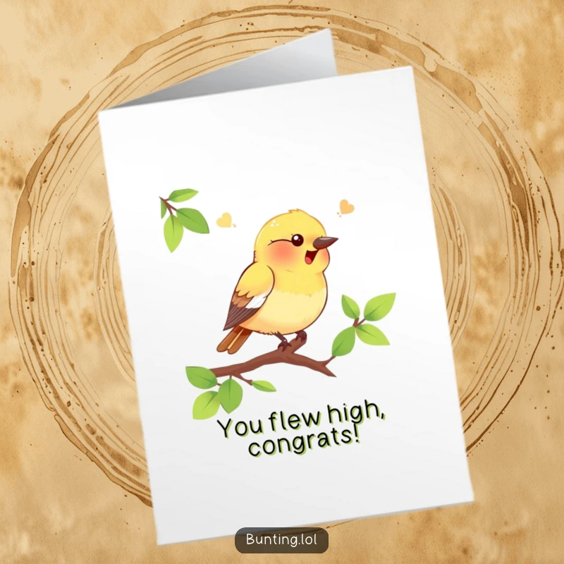 Funny free printable congratulations card showing a bunting bird chirping happily on a branch, great for a unique downloadable art gift.