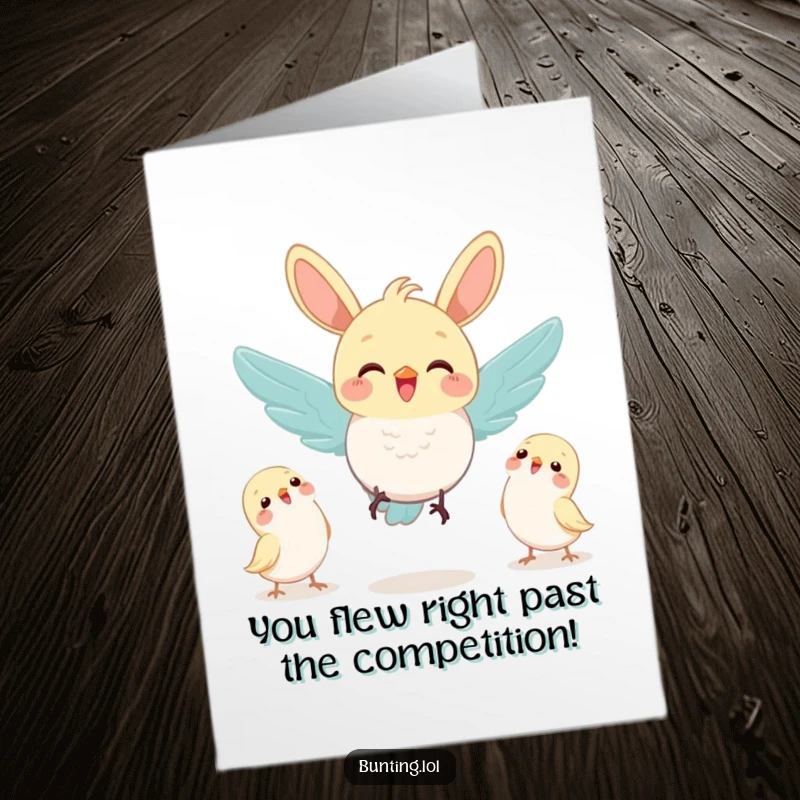 Funny Free Printable Congrats Card: Bunting character joyfully flutters mid-air towards a group of friends.