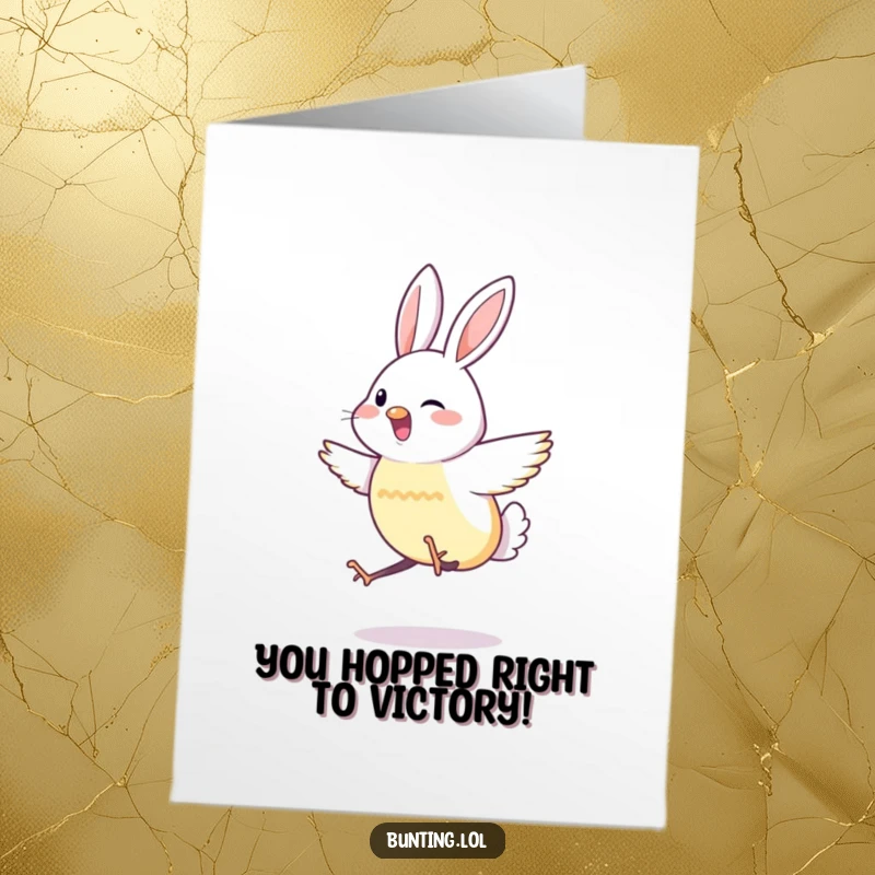 Funny Free Printable Congrats Card: Energetic bunting joyfully hops to celebrate achievements. A downloadable, cheerful greeting.