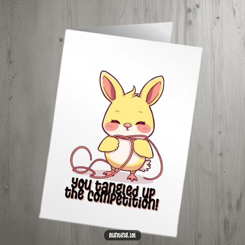 Funny Free Printable Congrats Card: A bunting character comically struggles while tangled in a piece of yarn.