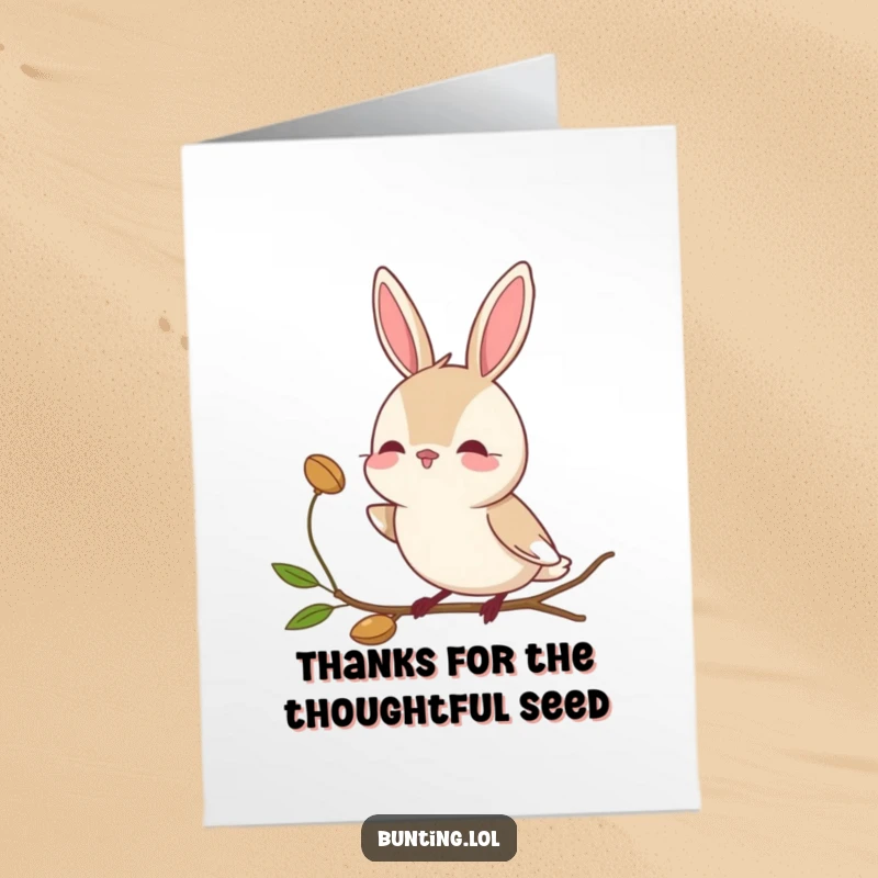 Funny Free Printable Bunting Thank You Card: Bird tilts head curiously at a seed, expressing gentle thanks, downloadable art.