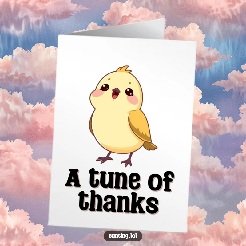 Funny Free Printable Thank You Card: A bunting bird tilts its head, appearing to enjoy a lovely song being heard. Downloadable art.