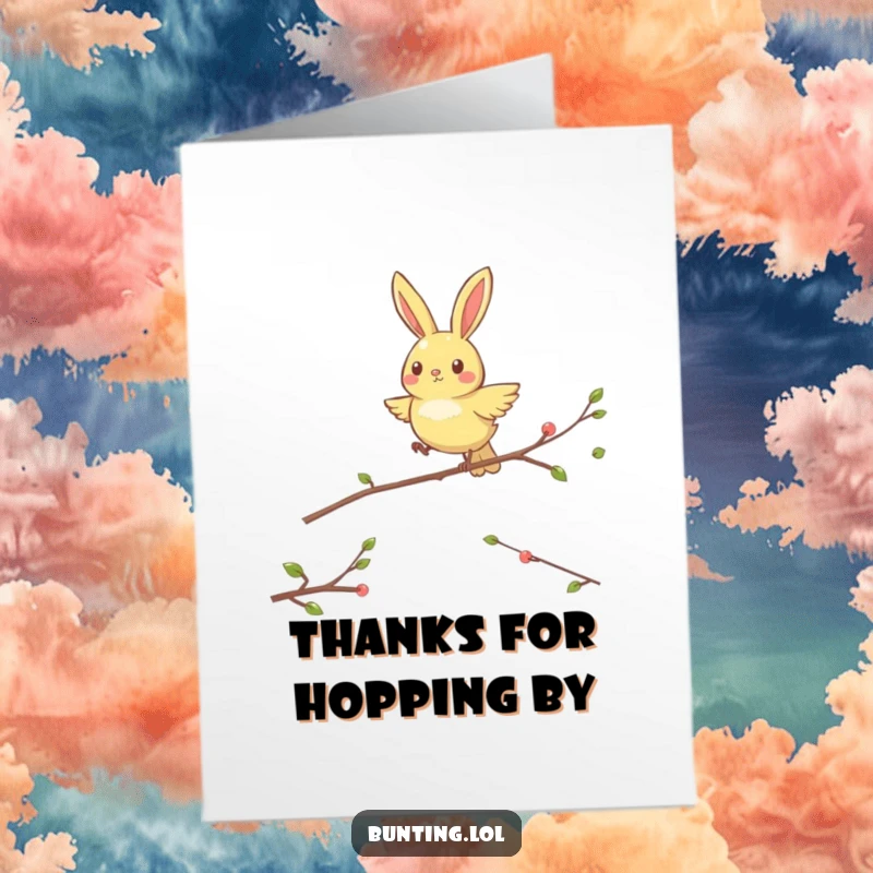 Funny Free Printable Thank You Card featuring a bunting character happily hopping from perch to perch, expressing upbeat thanks.