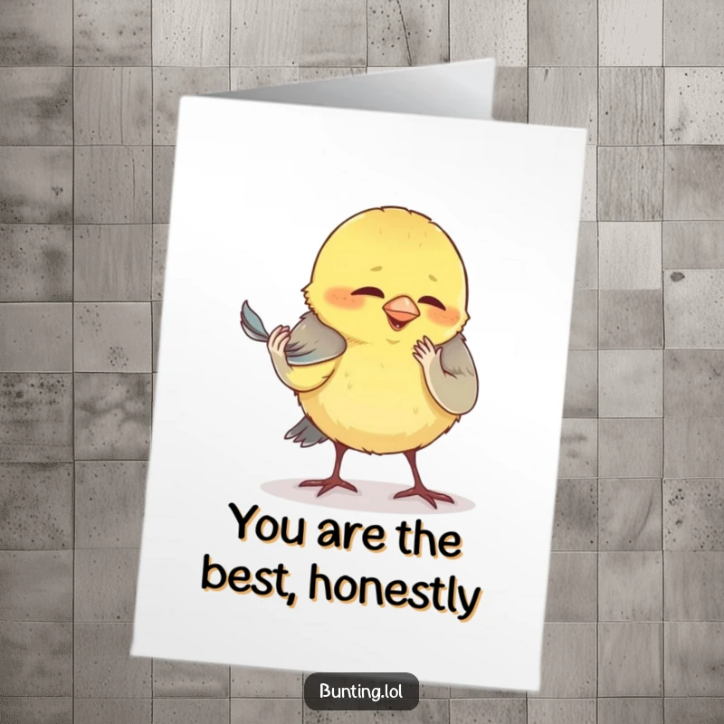 Funny Free Printable Thank You Card: A bunting is depicted in the act of comically preening its absolute smallest feather.
