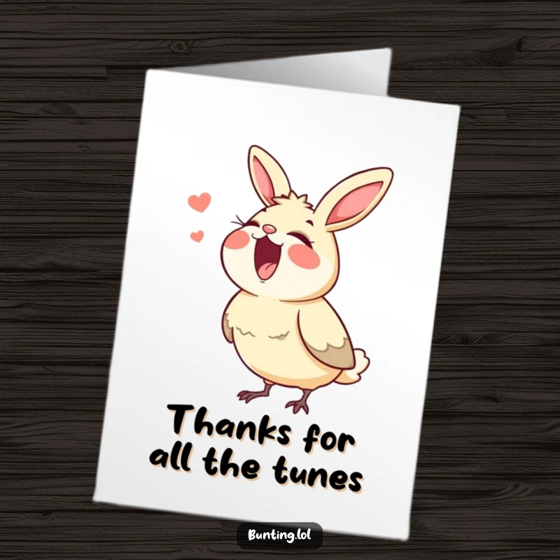 Funny Free Printable Thank You Card: A bunting character sings its heart out with a wide-open beak, expressing thanks.