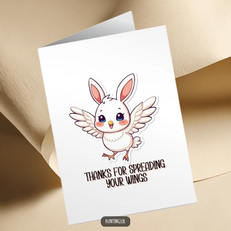 Funny Free Printable Thank You Card: Bunting character with wings extended, in dynamic pose, expressing energetic thanks, a vibrant downloadable message.
